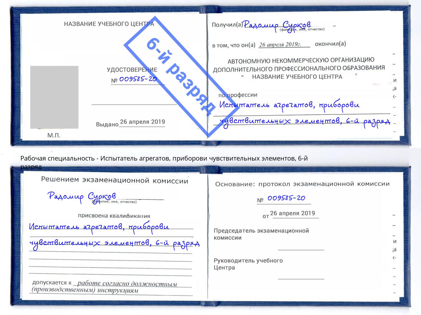 корочка 6-й разряд Испытатель агрегатов, приборови чувствительных элементов Волгодонск