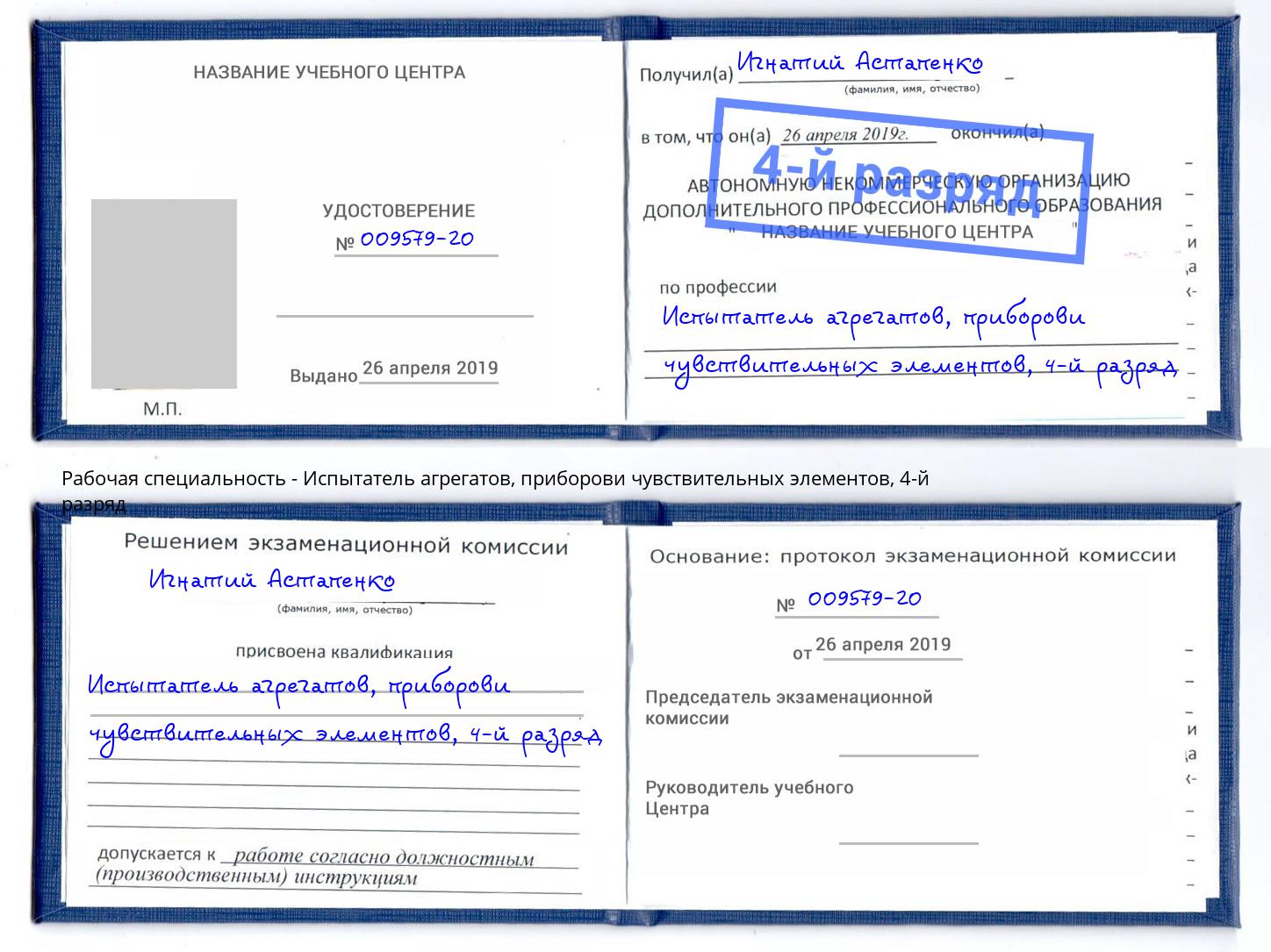 корочка 4-й разряд Испытатель агрегатов, приборови чувствительных элементов Волгодонск