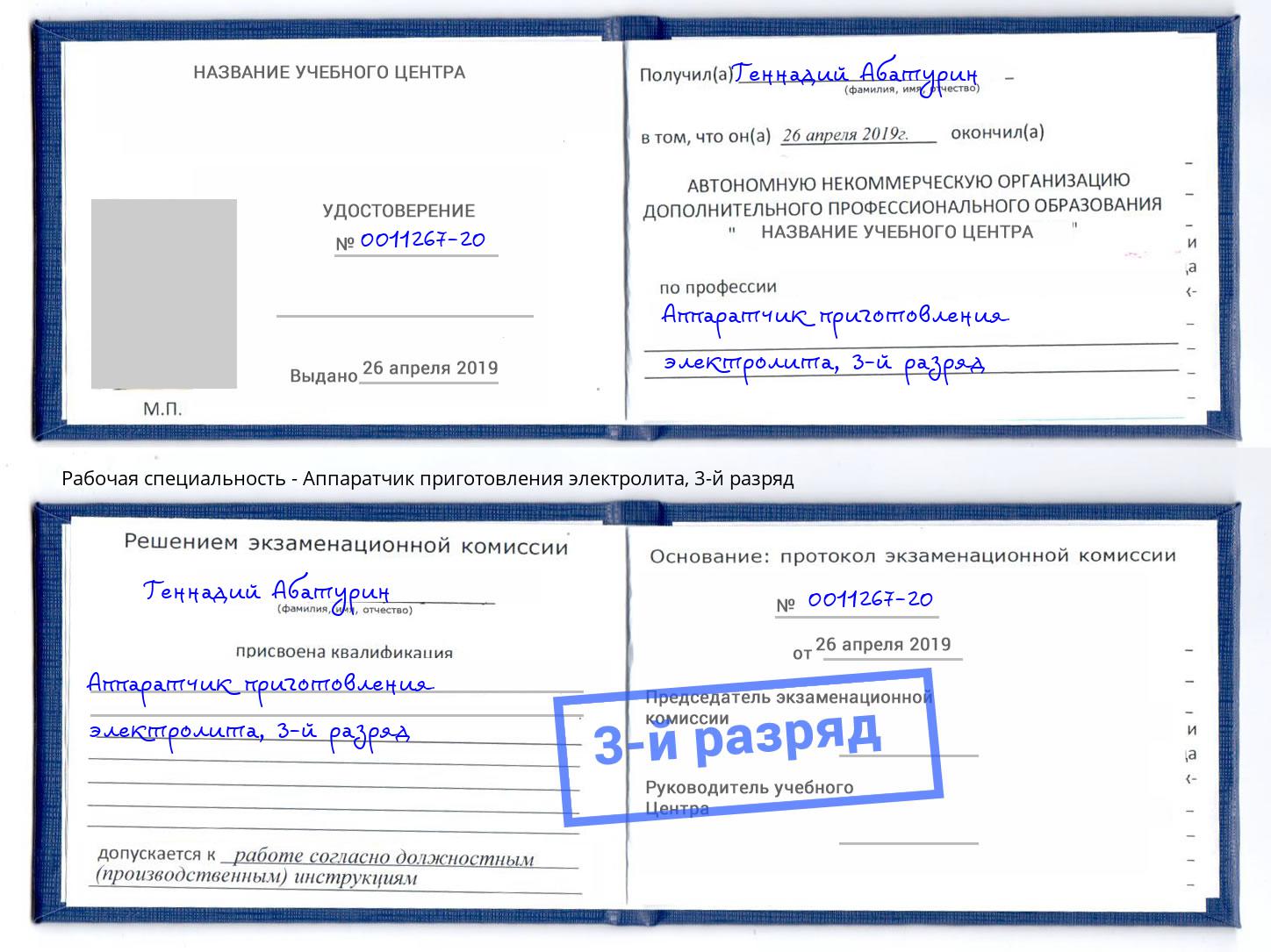 корочка 3-й разряд Аппаратчик приготовления электролита Волгодонск