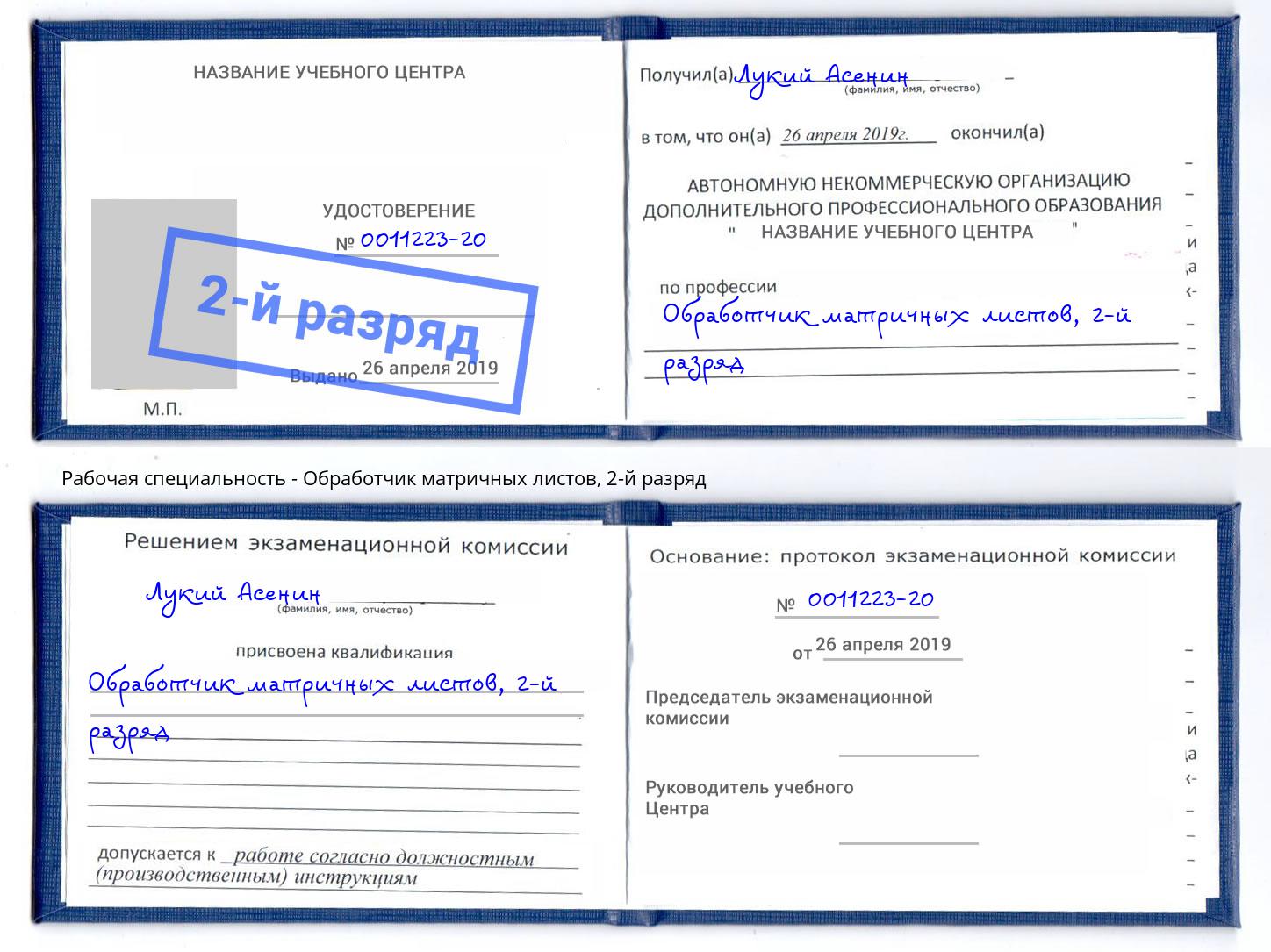 корочка 2-й разряд Обработчик матричных листов Волгодонск